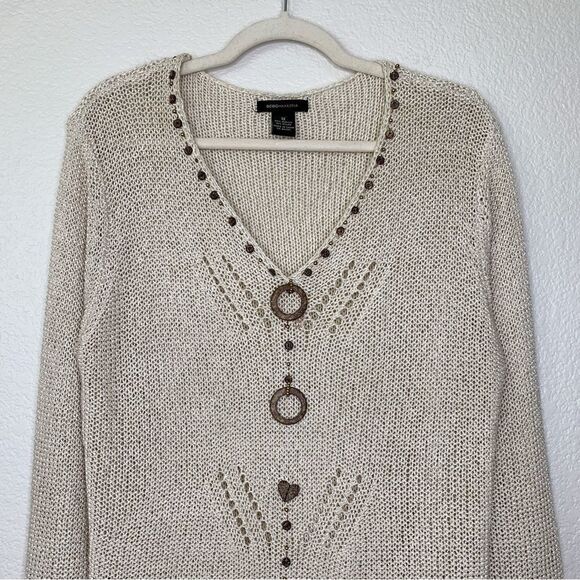 BCBGMaxAzria Cream Open Knit V-neck Sweater - Picture 3 of 11